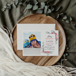 Aquarell-Rosen und Eukalyptus-Baby-Shower Einladung