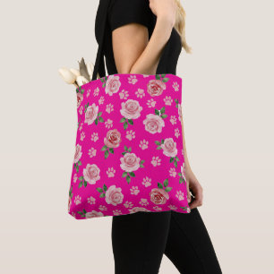 Aquarell-Rosen- und Pfotenabdruck-Tasche