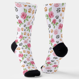 Aquarell-Rosen und Pfotenabdrücke Floral Socken
