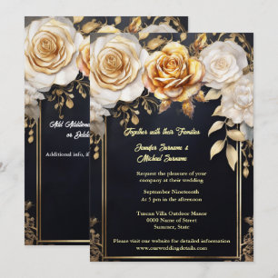 Aquarell-Rosenblumen schwarz Gold elegante Hochzei Einladung