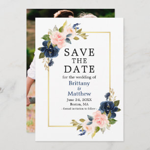 Aquarell Roses Navy Blue Foto Gold Frame Save The Date