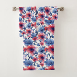 Aquarell rot, blaue Blumen auf weiß Badhandtuch Set