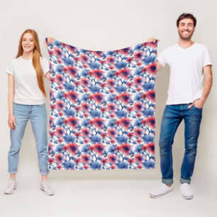 Aquarell rot, blaue Blumen auf weiß Fleecedecke
