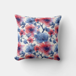 Aquarell rot, blaue Blumen auf weiß Kissen