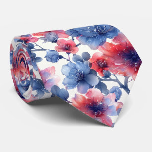 Aquarell rot, blaue Blumen auf weiß Krawatte