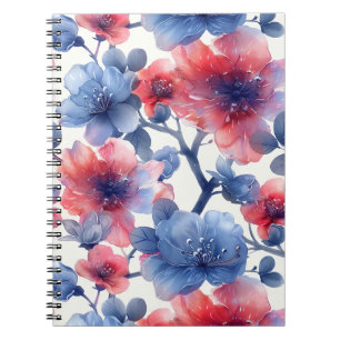 Aquarell rot, blaue Blumen auf weiß Notizblock