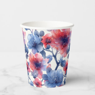 Aquarell rot, blaue Blumen auf weiß Pappbecher