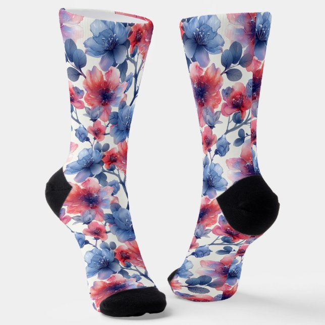 Aquarell rot, blaue Blumen auf weiß Socken (Gewinkelt)