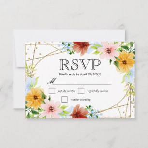 Aquarell Rot Gelb Blau Blumen Hochzeit RSVP Karte