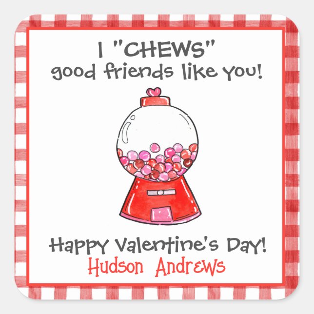 Aquarell Rot Gingham Gumballs Valentine Quadratischer Aufkleber (Vorderseite)
