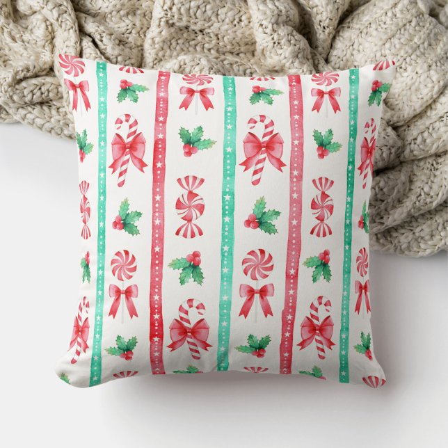 Aquarell Rot + Grüne Streifen Candy Cane Kissen (Watercolor Red + Green Stripes and Christmas Candy Throw Pillow)