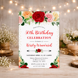 Aquarell Rot Orange Rosen Foto 50. Geburtstag Einladung