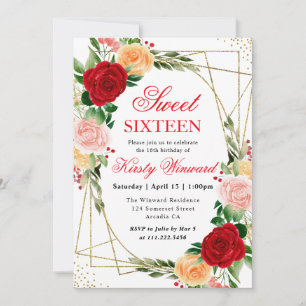 Aquarell Rot Orange Rosen Rahmen Sweet 16 Einladung