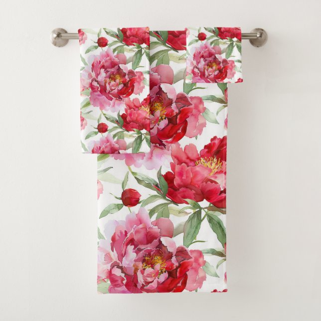 Aquarell-Rot-Pfingstrosen-Muster Badhandtuch Set (Insitu)