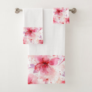Aquarell Rot Rosa Blumen Frühling Floralmuster  Badhandtuch Set