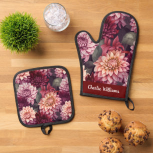 Aquarell Rot Rosa Dahlien Muster Ofenhandschuh & Topflappen-Set