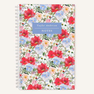 Aquarell Rot und Blau Florales Spiralnotizbuch Notizbuch