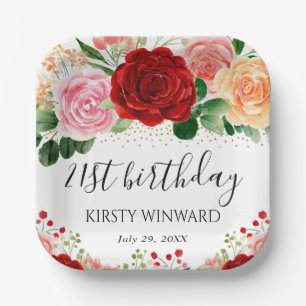 Aquarell-Rot- und Gelbe-Rosen-Geburtstag Pappteller