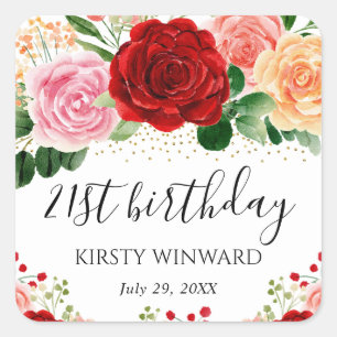 Aquarell-Rot- und Gelbe-Rosen-Geburtstag Quadratischer Aufkleber