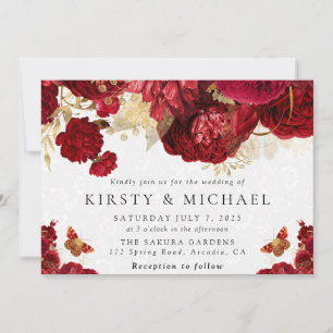 Aquarell-Rot- und Gold-Blumen-Hochzeit Einladung