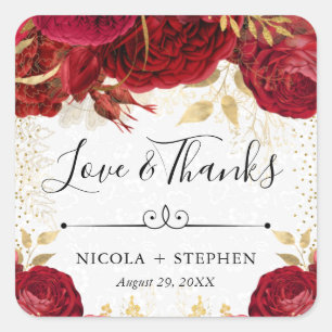 Aquarell-Rot- und Gold-Blumen-Hochzeit Quadratischer Aufkleber