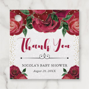 Aquarell Rot und Gold Glam Rosen Babyparty Geschenkanhänger