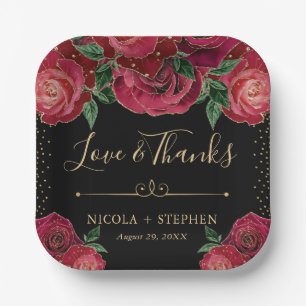 Aquarell Rot und Gold Glam Rosen Hochzeit Pappteller