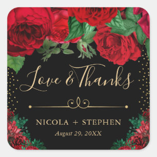 Aquarell Rot und Gold Glam Rosen Hochzeit Quadratischer Aufkleber