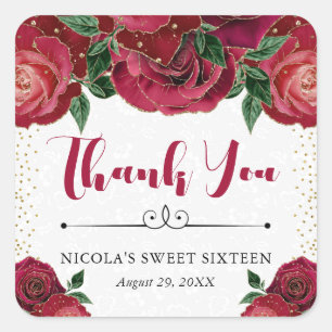 Aquarell Rot und Gold Glam Rosen Sweet 16 Quadratischer Aufkleber