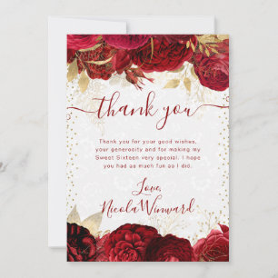 Aquarell-Rot- und Goldblumen Sweet 16 Dankeskarte