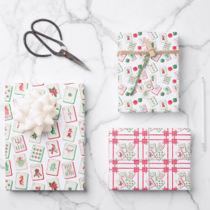 Aquarell-Rot- und Grün-Weihnachtskacheln Geschenkpapier Set