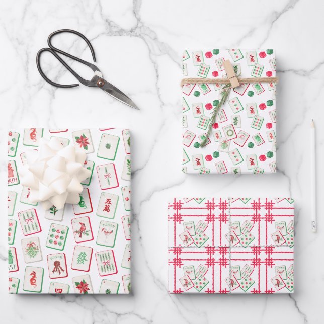 Aquarell-Rot- und Grün-Weihnachtskacheln Geschenkpapier Set (Vorderseite)