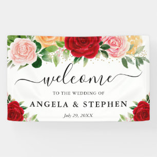 Aquarell-Rot- und Orange-Rosen-Hochzeitsbegrüßung Banner