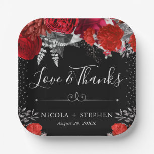 Aquarell-Rot- und Silberblumen-Hochzeit Pappteller