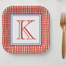 Aquarell Rot Weiß und Blau Gingham Monogram