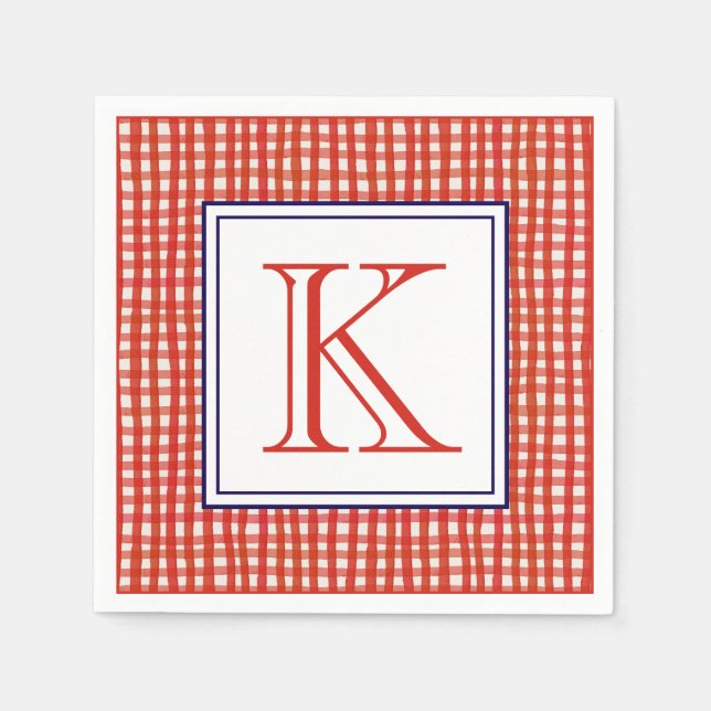 Aquarell Rot Weiß und Blau Gingham Monogram Serviette (Vorderseite)