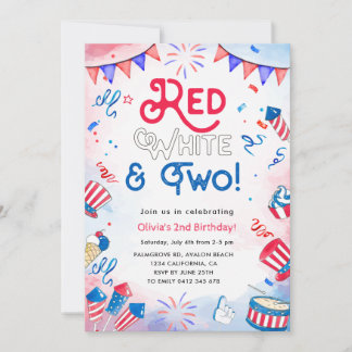 Aquarell Rot Weiß und Zwei, 4. Juli Geburtstag Einladung