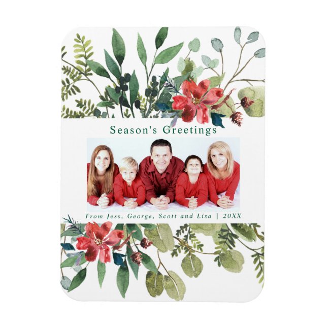 Aquarell Rote Blume Winter Grüne Foto Magnet (Vertikal)