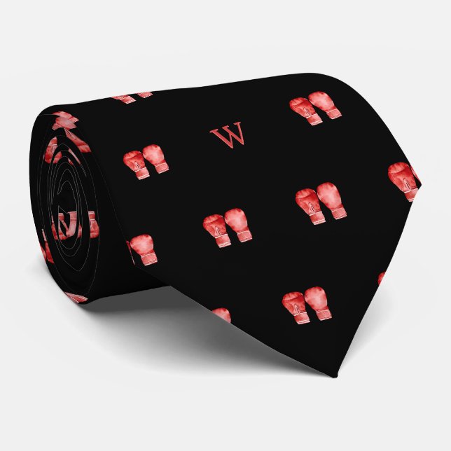 Aquarell-Rote Boxhandschuh-Monogramm-Initiale Schw Krawatte (Gerollt)