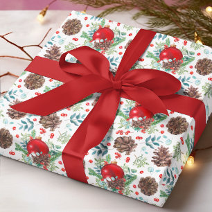 Aquarell-Rote-Christbaumkugeln-Tannenzapfen-Weihna Geschenkpapier