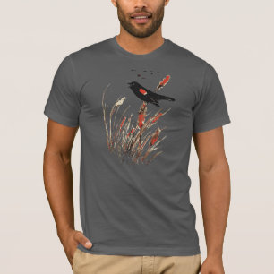 Aquarell-rote Flügel-Amsel-Vogel-Naturkunst T-Shirt