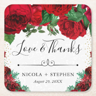 Aquarell-Rote-Glamour-Rosen-Hochzeit Rechteckiger Pappuntersetzer