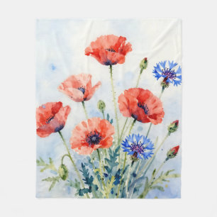 Aquarell-Rote-Mohn-Blauer-Kornblumen-Strauß Fleecedecke
