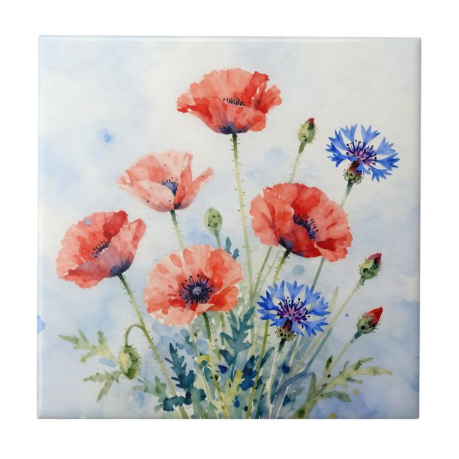 Aquarell-Rote-Mohn-Blauer-Kornblumen-Strauß Fliese (Vorderseite)