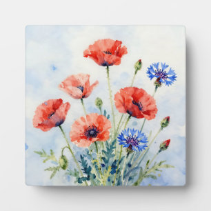 Aquarell-Rote-Mohn-Blauer-Kornblumen-Strauß Fotoplatte