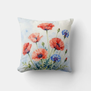 Aquarell-Rote-Mohn-Blauer-Kornblumen-Strauß Kissen