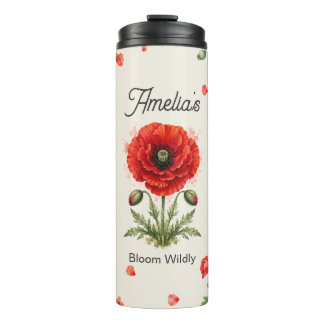 Aquarell-Rote-Mohn-Blumen-Monogramm-Botanische-Kun Thermosbecher
