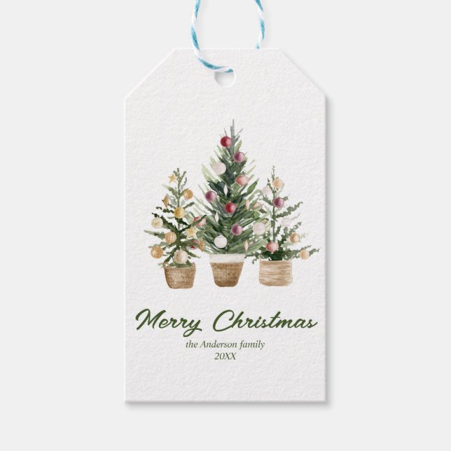 Aquarell Rote Ornamente Bäume Frohe Weihnachten Geschenkanhänger (Vorderseite)