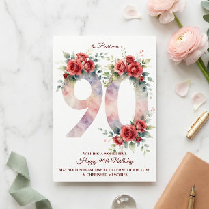 Aquarell-Rote-Rose-Blumen-90.-Geburtstagsgruß Karte