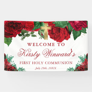 Aquarell Rote Rosen 1. Heilige Kommunion Banner